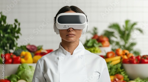 A chef wearing virtual reality goggles stands in a vibrant kitchen filled with fresh vegetables and fruits, showcasing modern technology. photo