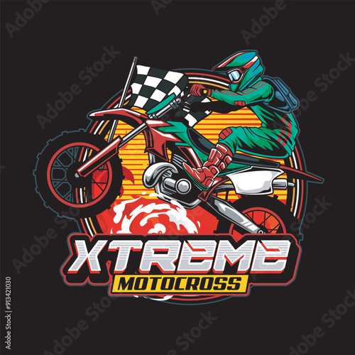 Vector Illustration of Trail Motorcycle Rider with Racing Flags in Vintage Illustration Available for Tshirt Design