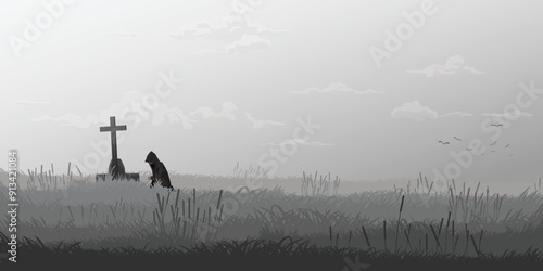 Man in black hood pays respect to a grave in the field monochromatic minimalism landscape graphic illustration have blank space at sky.