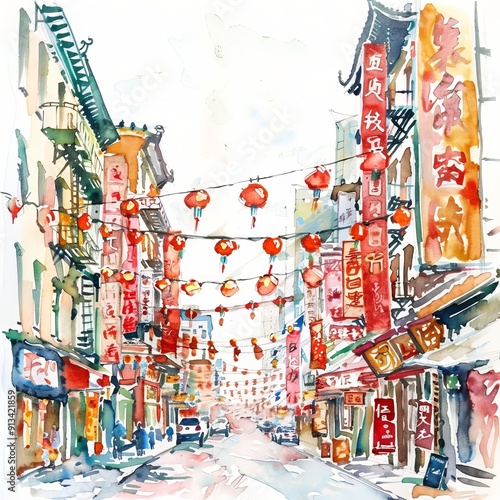 Wallpaper Mural watercolor painting of bustling Chinatown street with lanterns Torontodigital.ca
