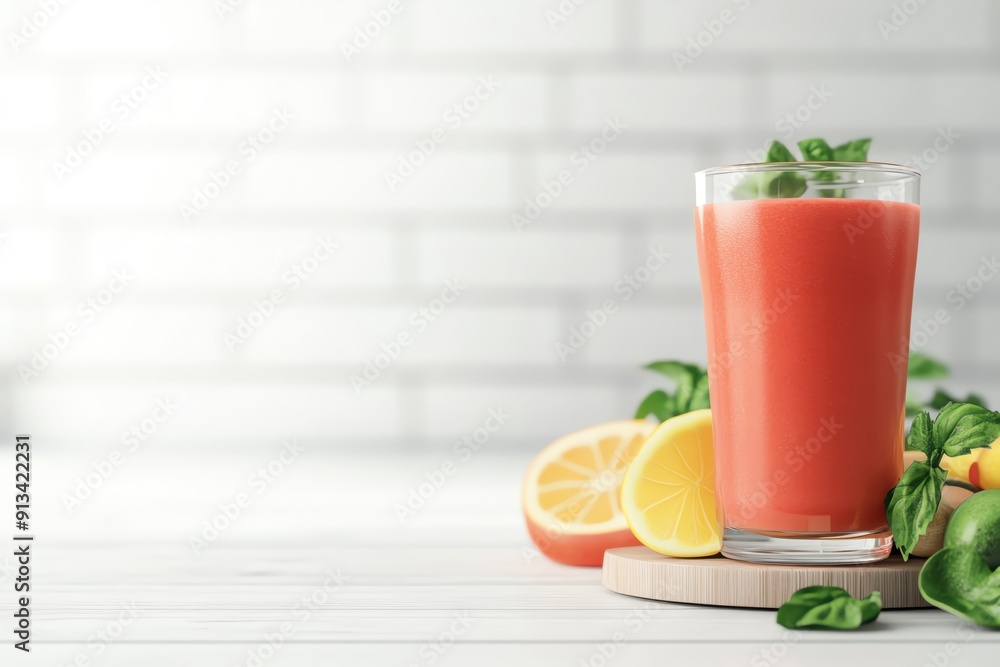 Fototapeta premium Refreshing tomato juice garnished with basil and served with lemon slices, perfect for a healthy drink or cocktail recipe.