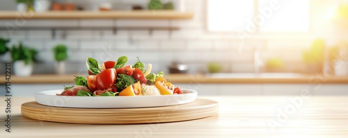 Fresh and colorful salad presented on a wooden board in a bright kitchen setting, emphasizing healthy eating and vibrant ingredients. photo