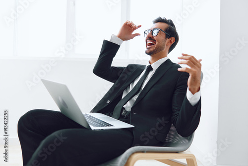 Man business winner laptop office technology happy