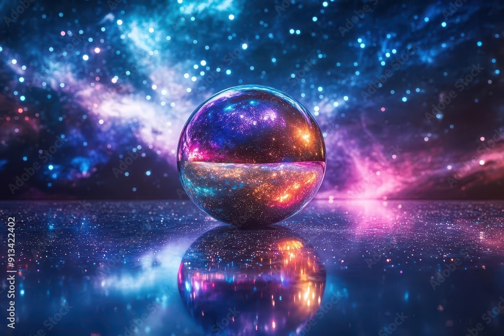 cosmic disco ball reflecting fragments of nebulae galaxies and auroras onto a dance floor made of shimmering dark matter cosmic disco ball reflecting fragments of nebulae galaxies and auroras onto a dance floor made of shimmering dark matter