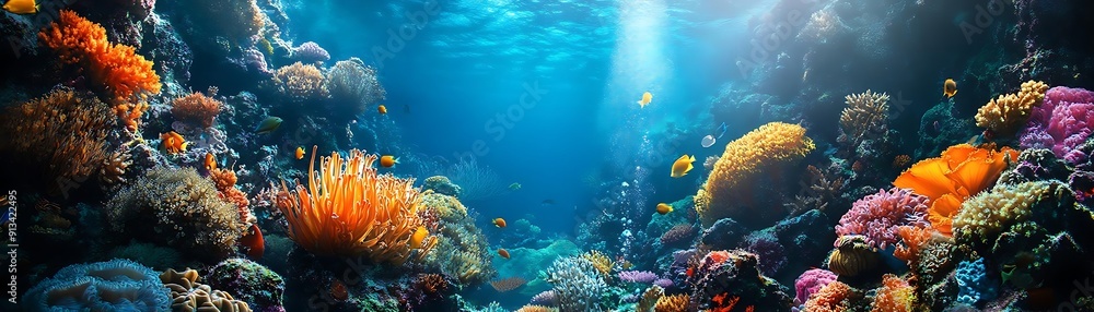 Fototapeta premium Vibrant Underwater Coral Reef Scene with Colorful Fish and Sunlight Photo