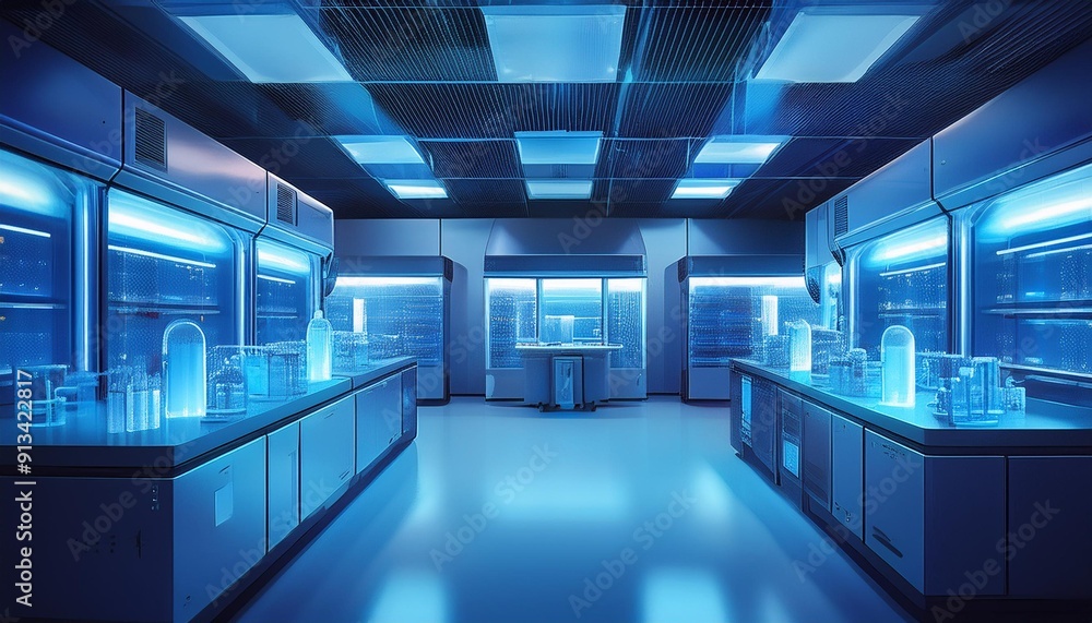 Modern futuristic laboratory with blue neon lights, representing advanced scientific research and high-tech innovation. Ideal for sci-fi themes, Modern futuristic laboratory with blue neon lights, representing advanced scientific research and high-tech innovation. Ideal for sci-fi themes,