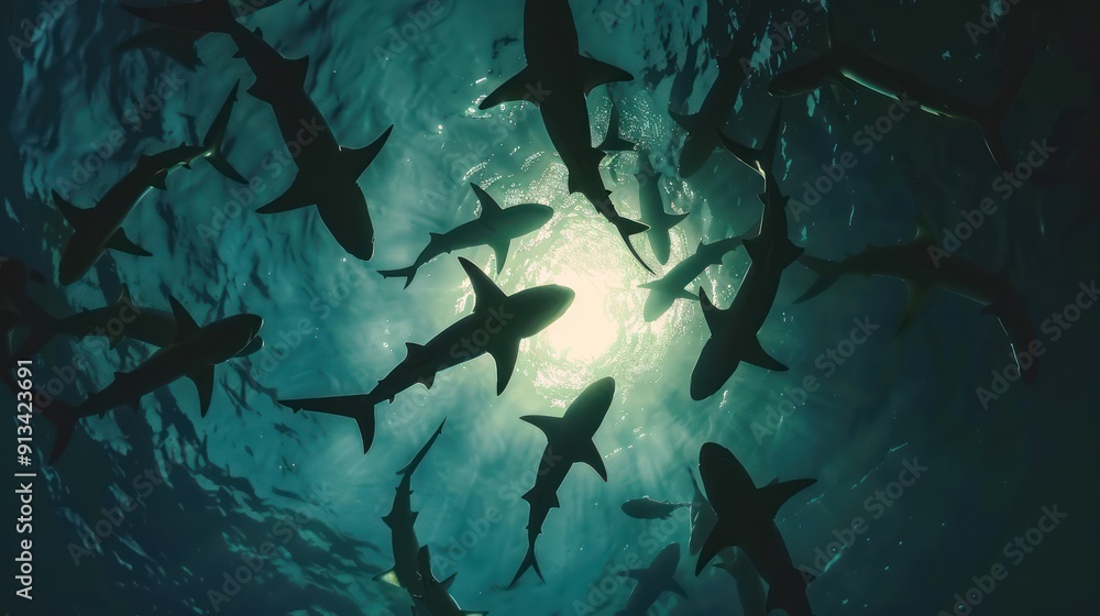 Fototapeta premium A school of sharks swimming in a circle around sunlight