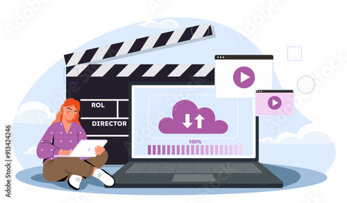Woman uploading video. Young girl near laptop uploads video to cloud service. Production of entertainment content for social networks and video hostings. Flat vector illustration
