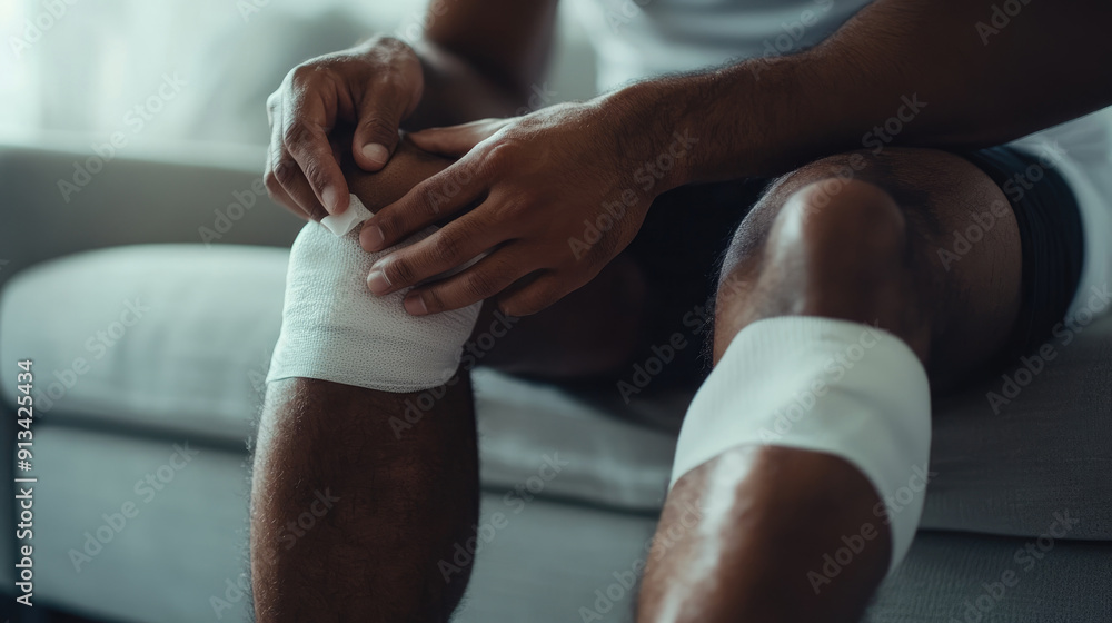 Obraz premium A man sits on the sofa with his knee wrapped in bandages