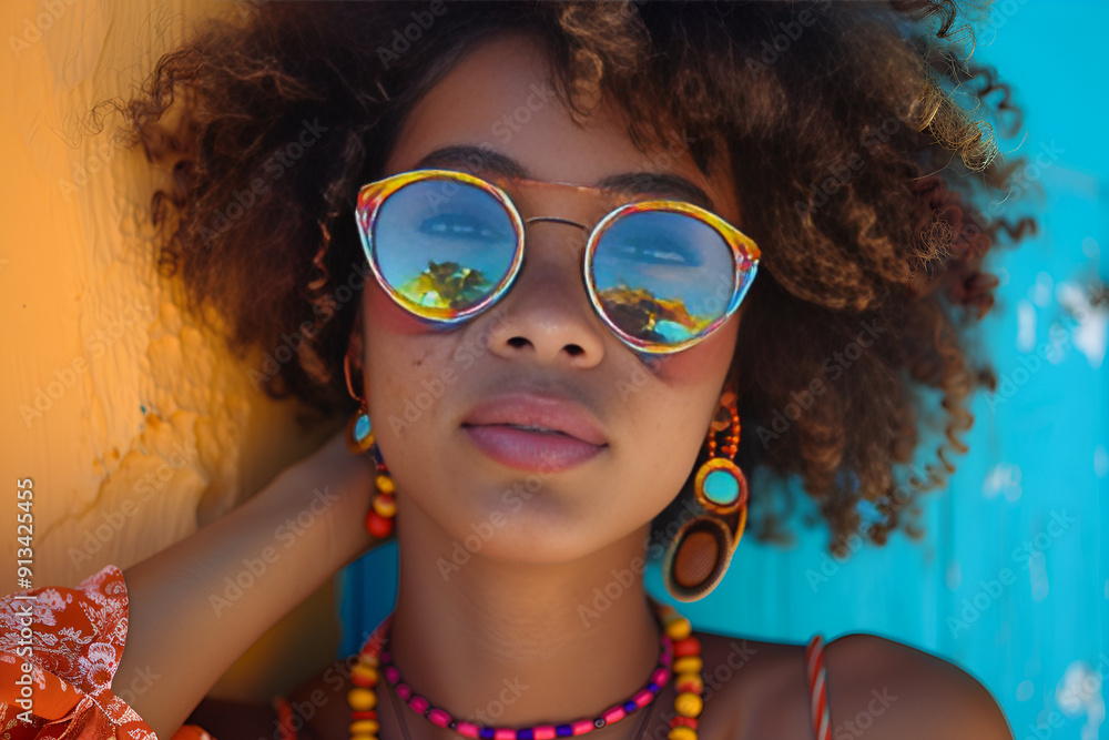 A woman wearing vibrant makeup and stylish sunglasses, exuding confidence and a playful spirit A woman wearing vibrant makeup and stylish sunglasses, exuding confidence and a playful spirit