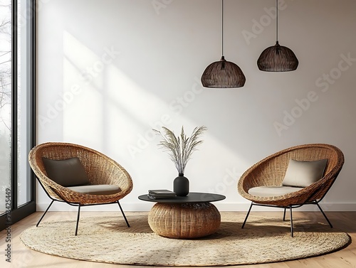 Minimalist Living Room Interior Design with Wicker Chairs and a Round Rug - Illustration