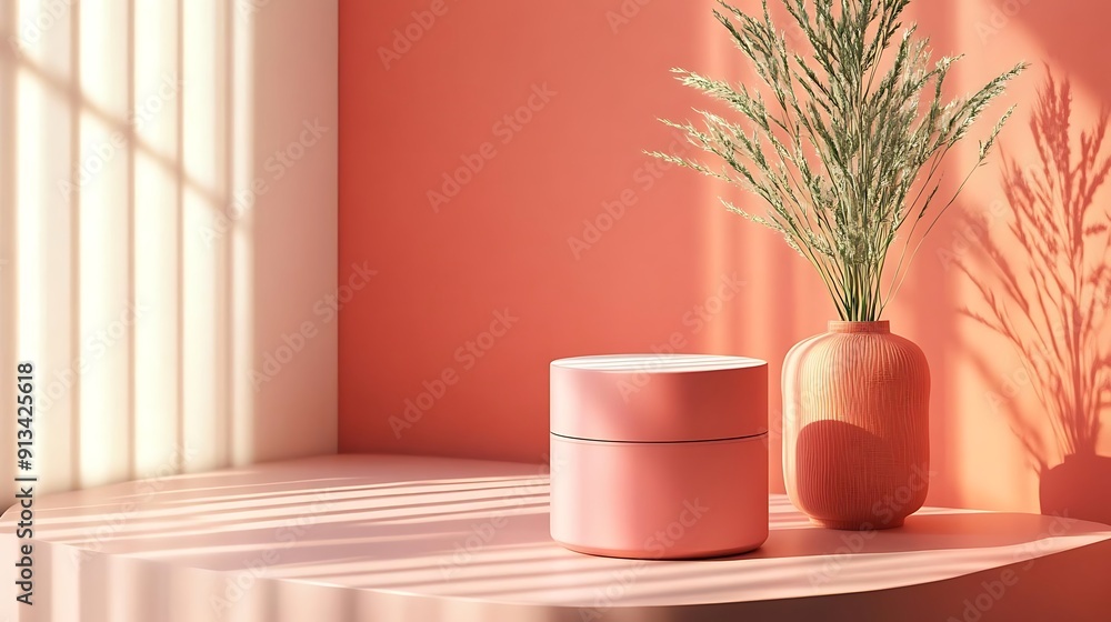 Pink Cylinder on a Pink Platform with a Vase of Dried Grass - 3D Illustration Pink Cylinder on a Pink Platform with a Vase of Dried Grass - 3D Illustration