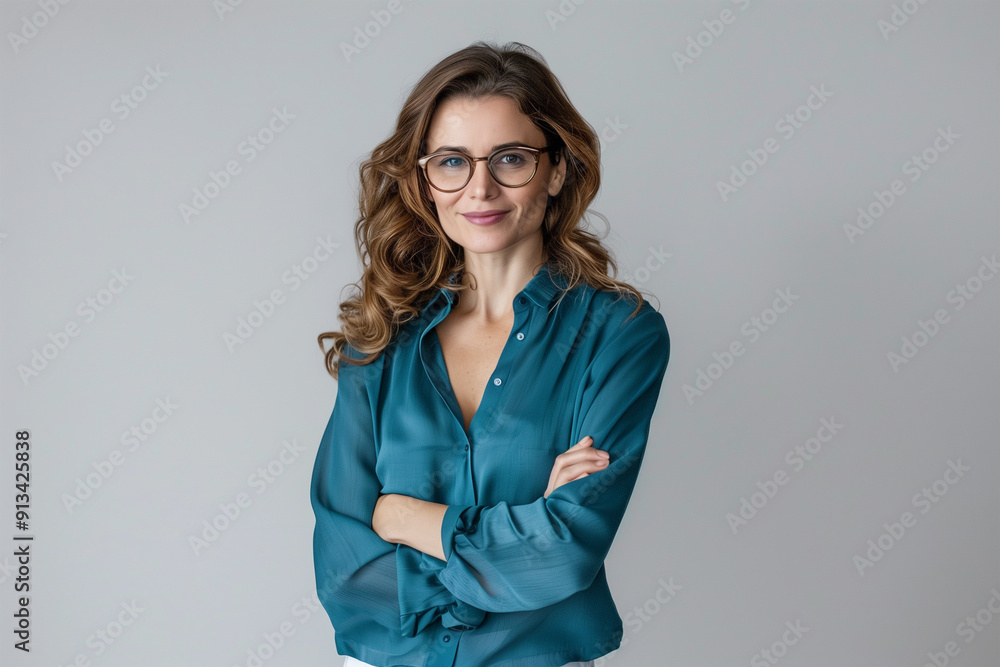 A mature businesswoman with glasses wearing a dark blue shirt, standing with her arms crossed and smiling, isolated on a gray background. A mature businesswoman with glasses wearing a dark blue shirt, standing with her arms crossed and smiling, isolated on a gray background.