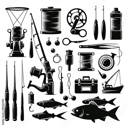 fishing equipment elements Set shiloutte 