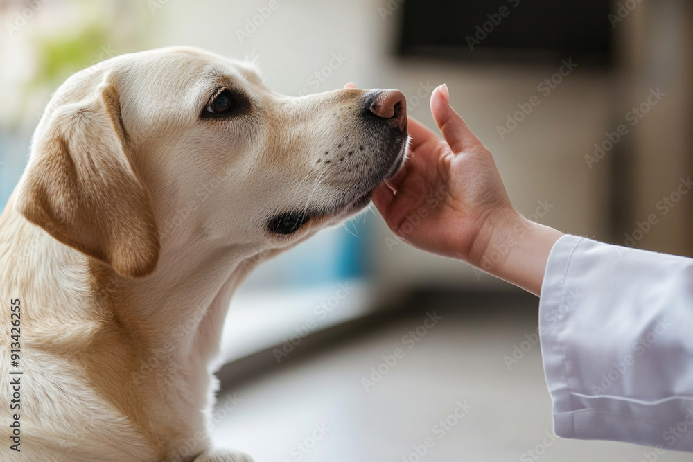 Close up of veterinarian doctor's hand gently touching golden retriever's face in vet clinic, pet dog healthcare concept Close up of veterinarian doctor's hand gently touching golden retriever's face in vet clinic, pet dog healthcare concept