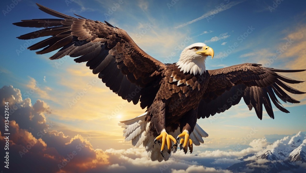 a bald eagle with its wings spread wide, flying in a bright blue sky a bald eagle with its wings spread wide, flying in a bright blue sky
