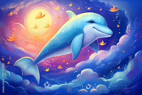 A cute dolphin with moon and rainbow, in a starry night, at a whimsical sea, cartoon, anime art
