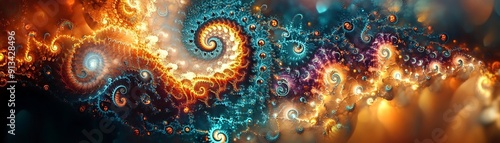 Abstract Fractal Artwork with Swirling Patterns in Blue, Orange and Purple Hues