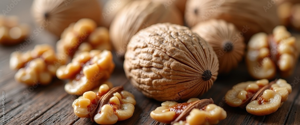 Fototapeta premium Closeup of Whole Walnuts and Shelled Walnut Kernels.