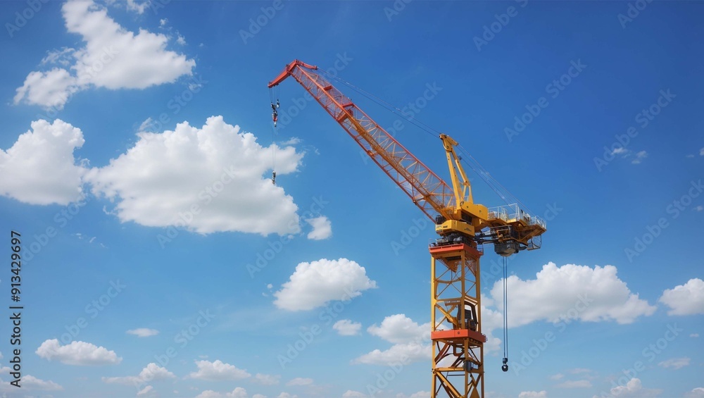 yellow construction crane against a bright blue sky with fluffy white clouds. yellow construction crane against a bright blue sky with fluffy white clouds.