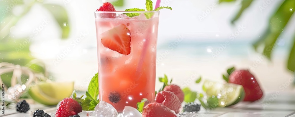 Refreshing summer drink featuring strawberries, mint, and lime, perfect for beachside relaxation. Refreshing summer drink featuring strawberries, mint, and lime, perfect for beachside relaxation.