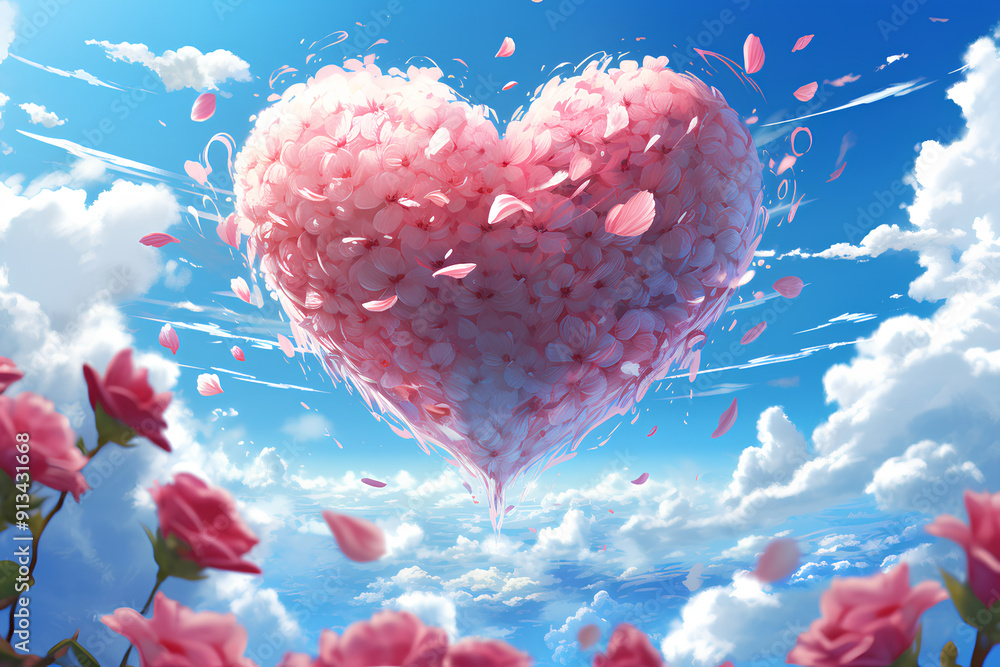 A cute romantic heart of rose in the blue sky, flower, clouds, love athmosphere, digital anime art A cute romantic heart of rose in the blue sky, flower, clouds, love athmosphere, digital anime art