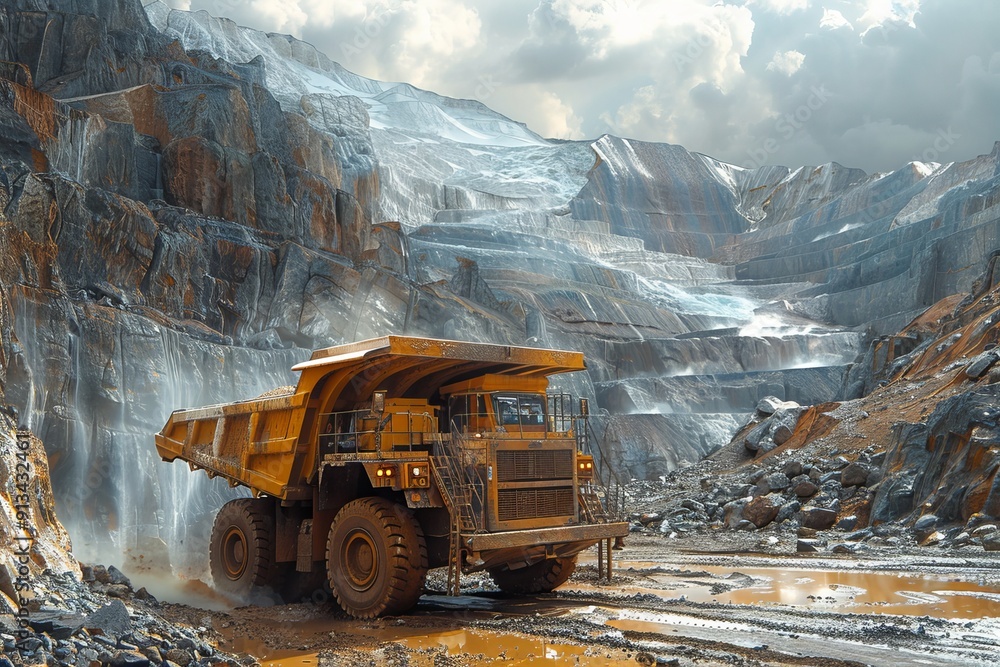 Panoramic view of a large yellow truck transporting gold ore in an active gold mine Panoramic view of a large yellow truck transporting gold ore in an active gold mine