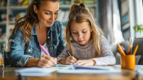 Mother and daughter do their homework sitting at the table at home. Beautiful schoolgirl doing homework with her mom at home