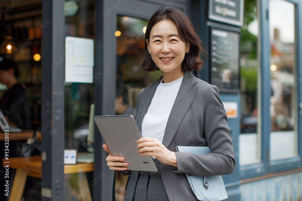 A middle-aged Asian, Japanese businesswoman smiling in a coffee shop, standing holding a tablet, formally dressed in grey clothes, copy space A middle-aged Asian, Japanese businesswoman smiling in a coffee shop, standing holding a tablet, formally dressed in grey clothes, copy space