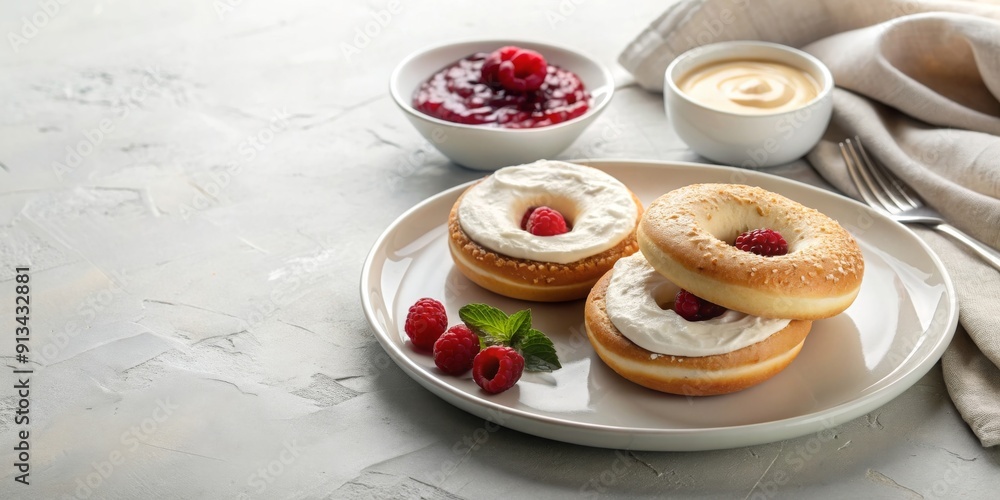 Plate with bagels, cream cheese, and raspberry jam on a light table, bagels, cream cheese, raspberry jam, breakfast, brunch, delicious Plate with bagels, cream cheese, and raspberry jam on a light table, bagels, cream cheese, raspberry jam, breakfast, brunch, delicious
