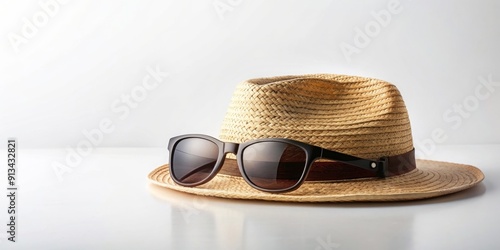 A poster featuring a stylish hat and sunglasses on a white background, fashion, accessories, trendy, sunglasses, hat, style