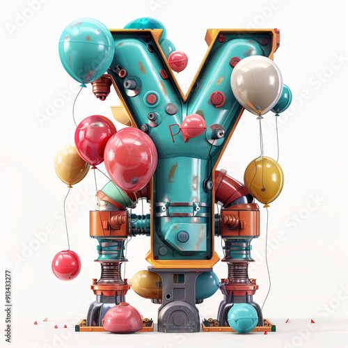 3d machine toy alphavet, written Y, ballons shape on white background photo