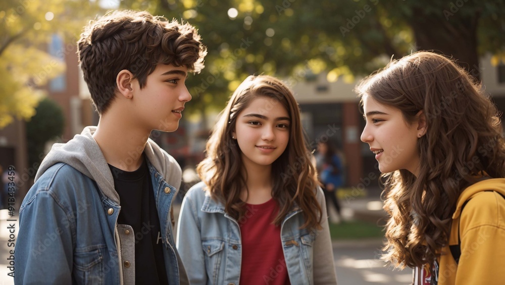 two girls and a boy, standing outside and talking to each other. They are all smiling. two girls and a boy, standing outside and talking to each other. They are all smiling.