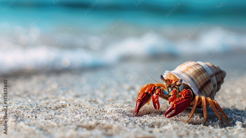 Hermit Crab on Sandy Beach with Ocean Waves in Background Under Bright Sunlight Hermit Crab on Sandy Beach with Ocean Waves in Background Under Bright Sunlight