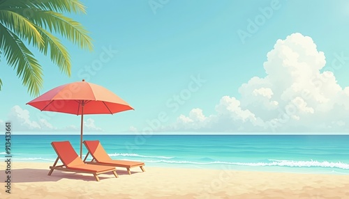 Beach Chairs Under Palm Tree with Red Umbrella.