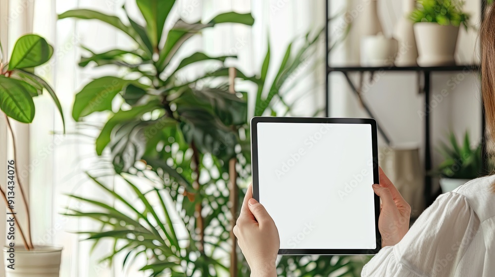 Woman Holding Tablet with Blank Screen in Modern Indoor Garden Setting with Various Green Plants Woman Holding Tablet with Blank Screen in Modern Indoor Garden Setting with Various Green Plants