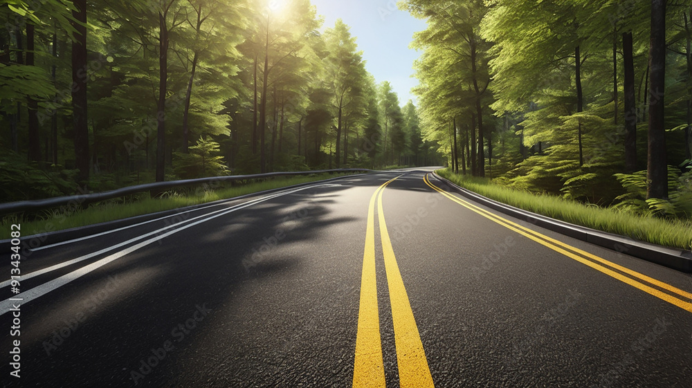 A winding asphalt road stretches through a lush, green forest, bathed in the warm glow of sunlight A winding asphalt road stretches through a lush, green forest, bathed in the warm glow of sunlight