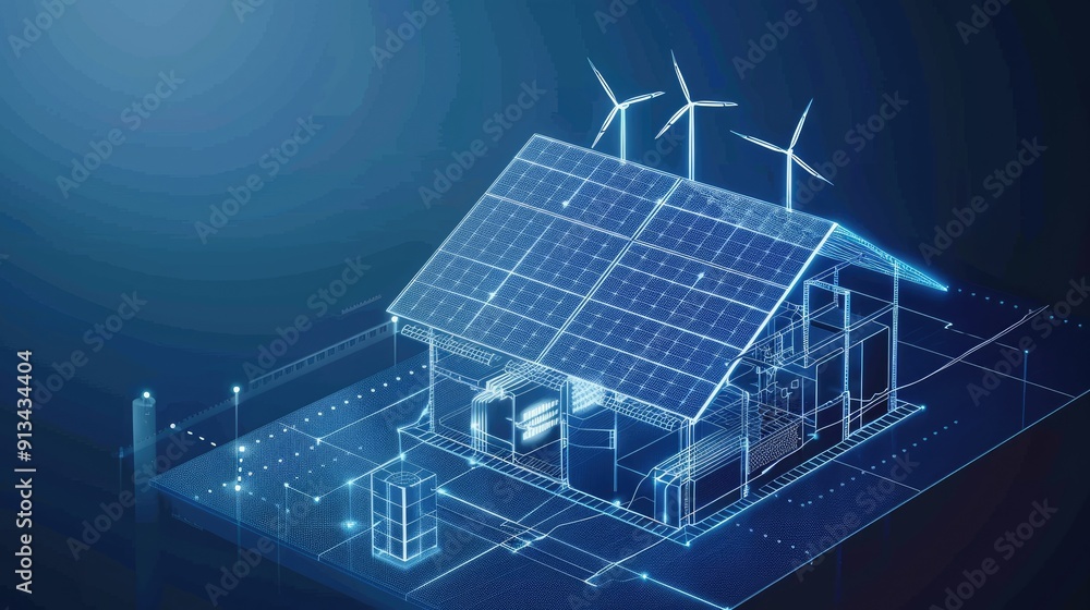 Futuristic Smart Home with Solar Panels and Wind Turbines in Digital Blueprint Style Futuristic Smart Home with Solar Panels and Wind Turbines in Digital Blueprint Style