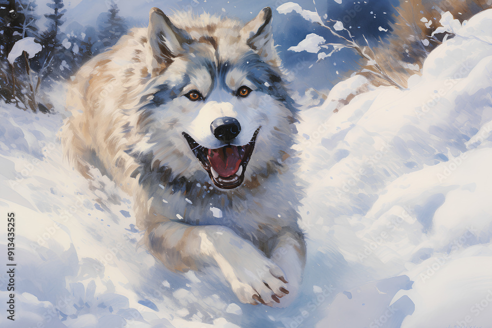 A husky through a snowy blizzard, safely across the treacherous landscape, dog anime art A husky through a snowy blizzard, safely across the treacherous landscape, dog anime art