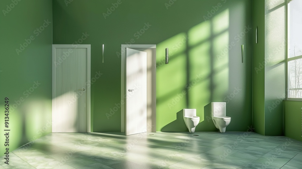 Two White Toilets in a Green Bathroom with a Window Two White Toilets in a Green Bathroom with a Window