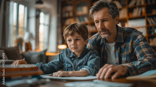 Dad and son do their homework sitting at the table at home. The concept of preschool education