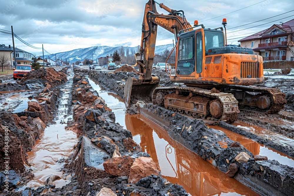 Excavator leveling ground at construction site for foundation preparation in panoramic view Excavator leveling ground at construction site for foundation preparation in panoramic view
