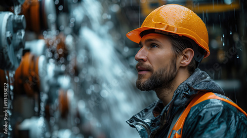 Engineer Inspecting Dam Infrastructure in Rain. Engineer in a hard hat and raincoat inspecting the infrastructure of a hydroelectric dam, ensuring its stability during rainy conditions.