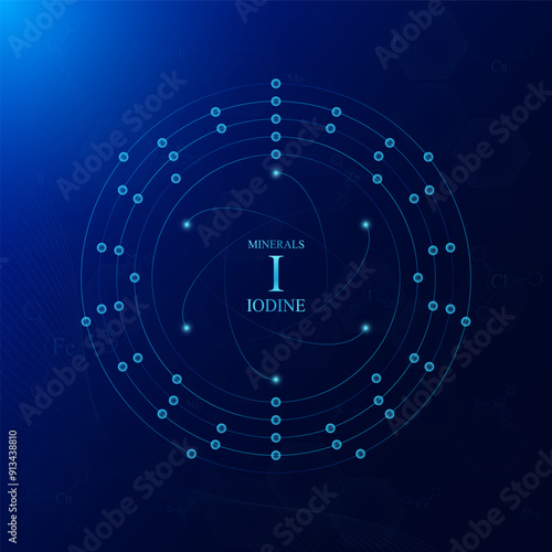 Molecular model atom chemical structure of iodine minerals. On dark blue background. Medical scientific concepts. Vector EPS10 illustration.