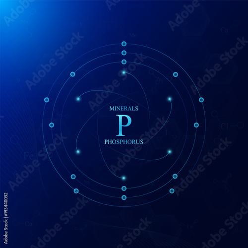 Molecular model atom chemical structure of phosphorus minerals. On dark blue background. Medical scientific concepts. Vector EPS10 illustration.
