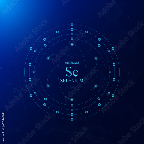 Molecular model atom chemical structure of selenium minerals. On dark blue background. Medical scientific concepts. Vector EPS10 illustration.