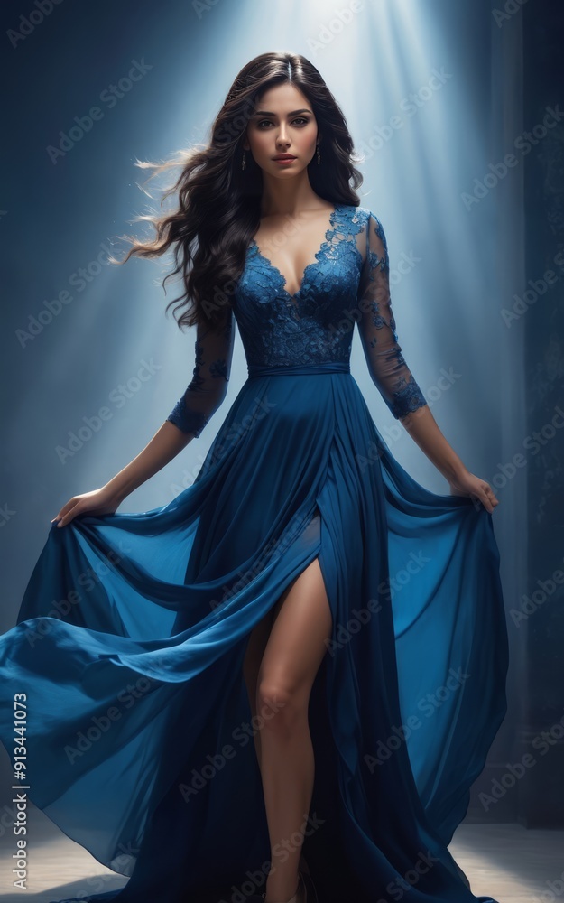Woman In Blue Dress Poses On The Floor With A Bow In The Background Woman In Blue Dress Poses On The Floor With A Bow In The Background