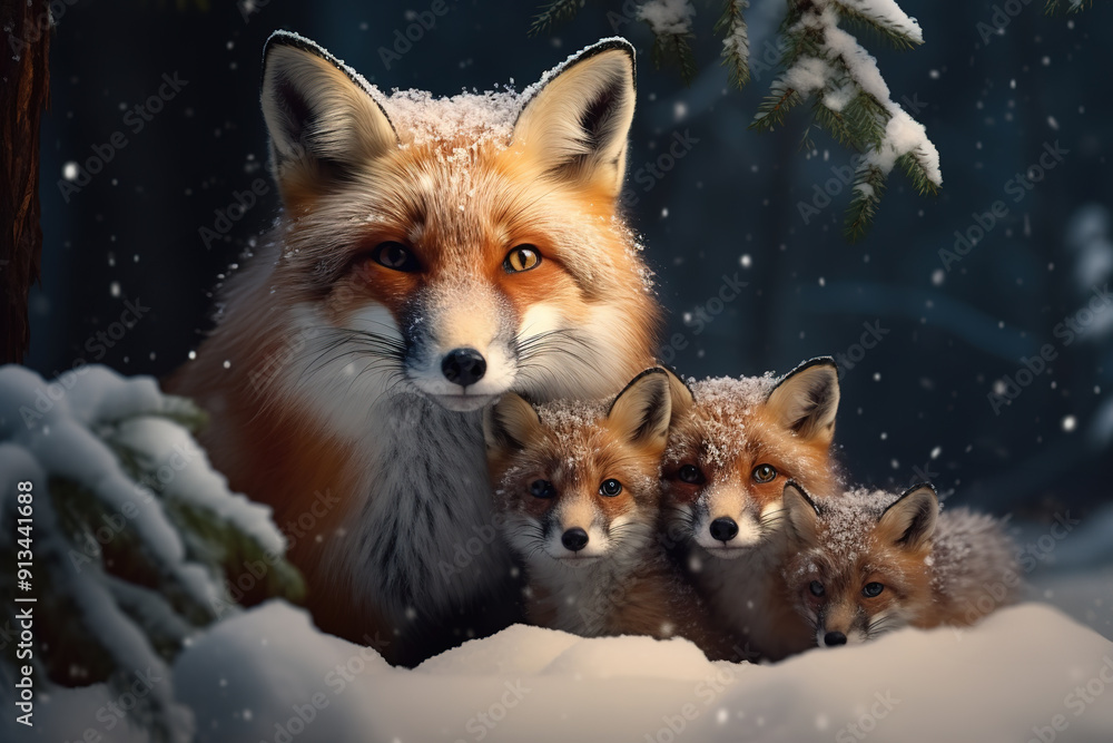 Fototapeta premium Image of family of fox amidst a blizzard in the forest. Mammals. Wildlife Animals. Ai.