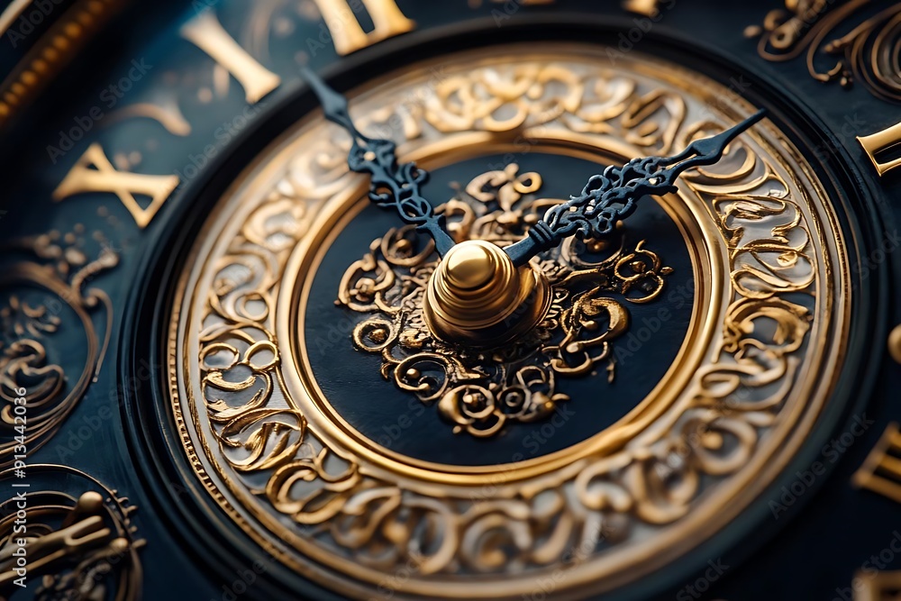 Closeup of Ornate Gold and Black Clock Face, Realistic Image Closeup of Ornate Gold and Black Clock Face, Realistic Image