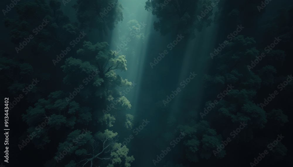 Obraz premium Sunlight Through Dark Forest Canopy.